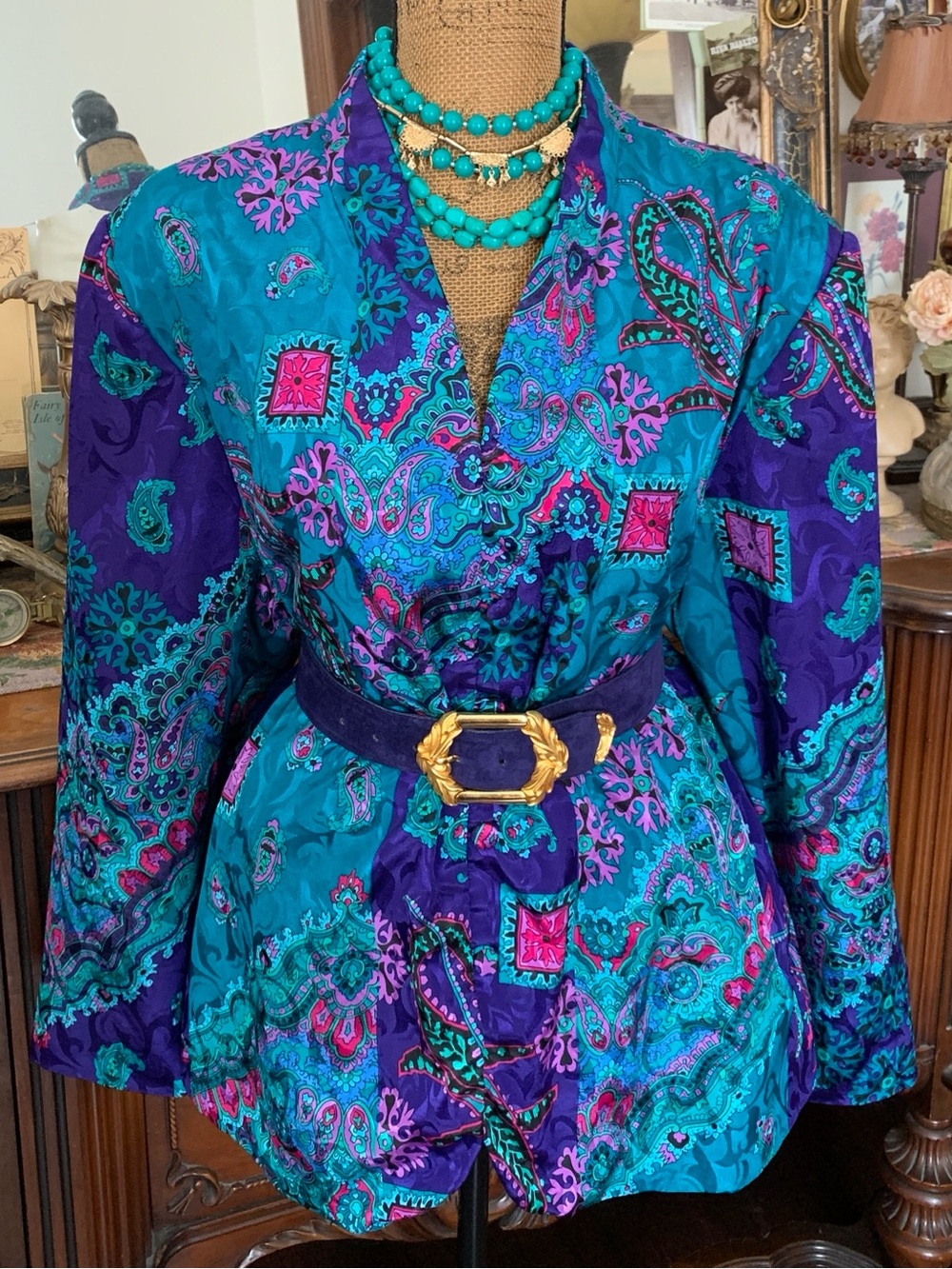 Vintage 80's Epic Paisley Floral Satin Boho Hippie Blazer w Shoulder Pads
